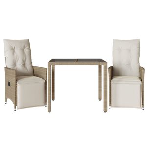 vidaXL Caf&eacute;set f&ouml;r tr&auml;dg&aring;rden 3 delar med dynor beige konstrotting
