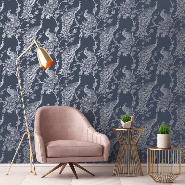DUTCH WALLCOVERINGS Tapet p&aring;f&aring;gel marinbl&aring; och silver