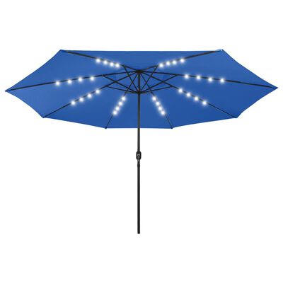 vidaXL Parasoll med LED-lampor och metallstång 400 cm azurblå