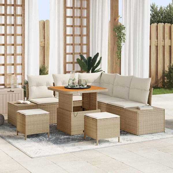 vidaXL Tr&auml;dg&aring;rdsoffset med kudde 8 pcs Beige Poly rattan