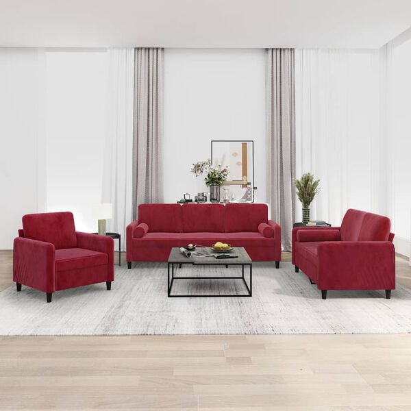 vidaXL Soffgrupp med prydnadskuddar & dynor 3 delar vinr&ouml;d sammet