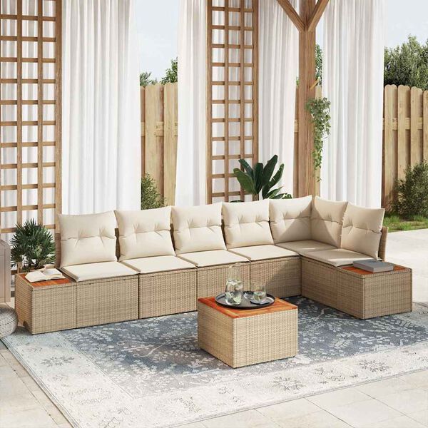 vidaXL Tr&auml;dg&aring;rdsoffset med kudde 7 pcs Beige Poly rattan