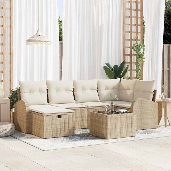 vidaXL Trädgårdsoffset med kudde med lagring 7 pcs Beige Poly rattan