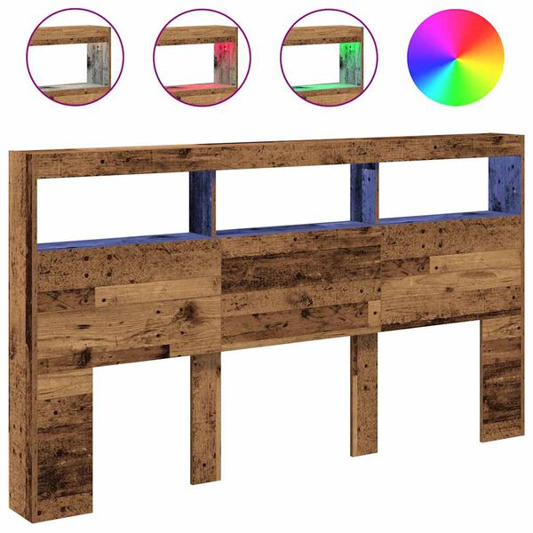 vidaXL Sk&aring;p till s&auml;nggavel med LED gammalt tr&auml; 180x17x102 cm