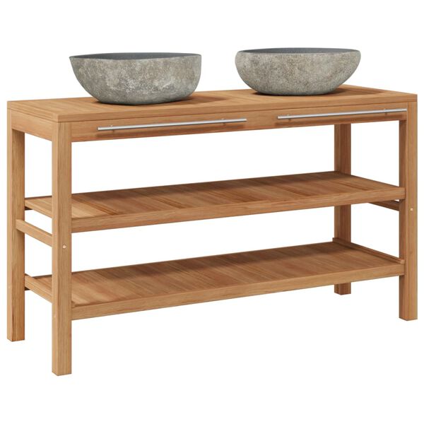 vidaXL Badrumsundersk&aring;p massiv teak med handfat i flodsten