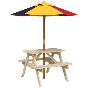 vidaXL Picknickbord med parasoll f&ouml;r 4 barn massivt grantr&auml;