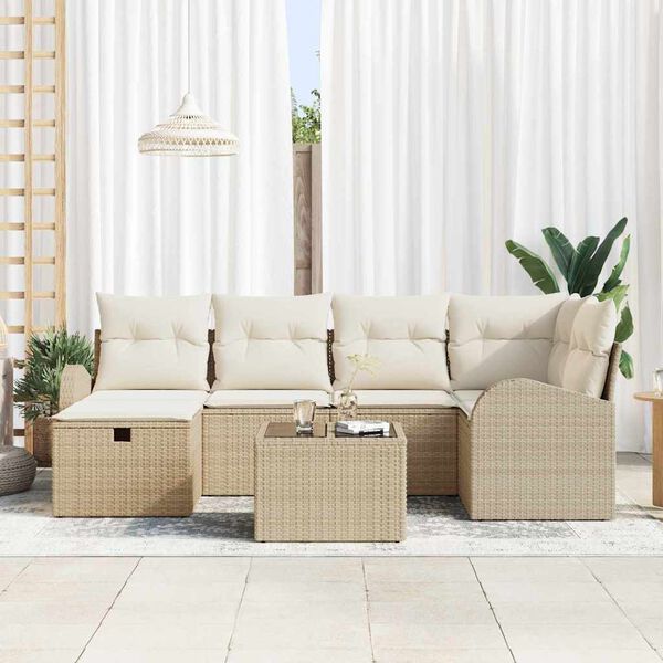 vidaXL Trädgårdsoffset med kudde med lagring 7 pcs Beige Poly rattan