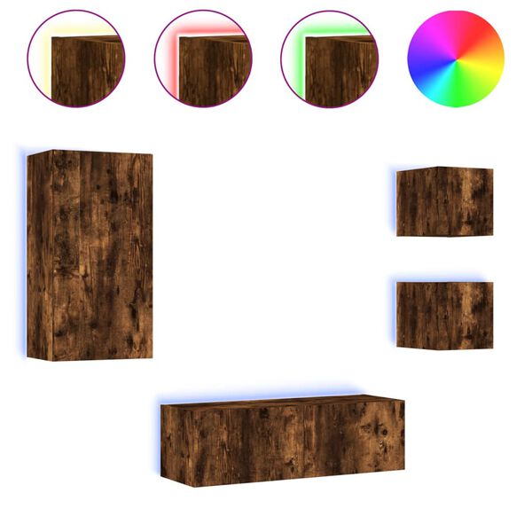 vidaXL V&auml;ggmonterade tv-sk&aring;p 4 delar med LEDs r&ouml;kf&auml;rgad ek