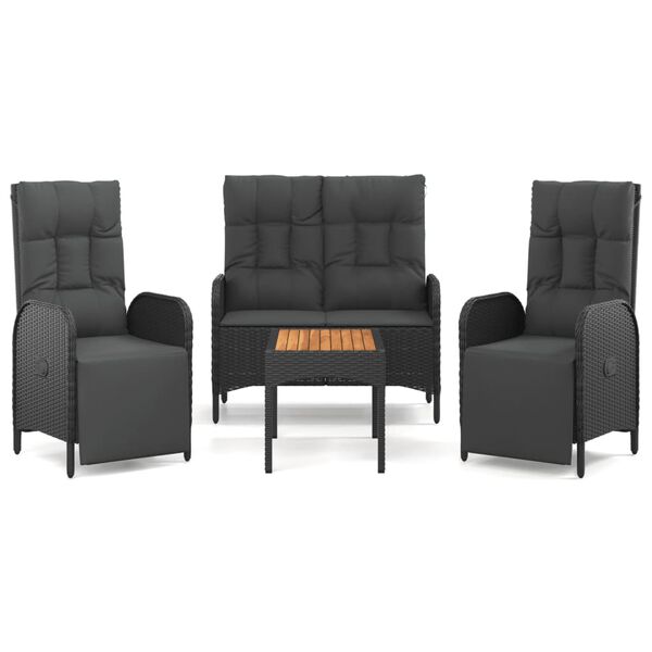 vidaXL Matgrupp för trädgården med dynor 4 delar svart konstrottning