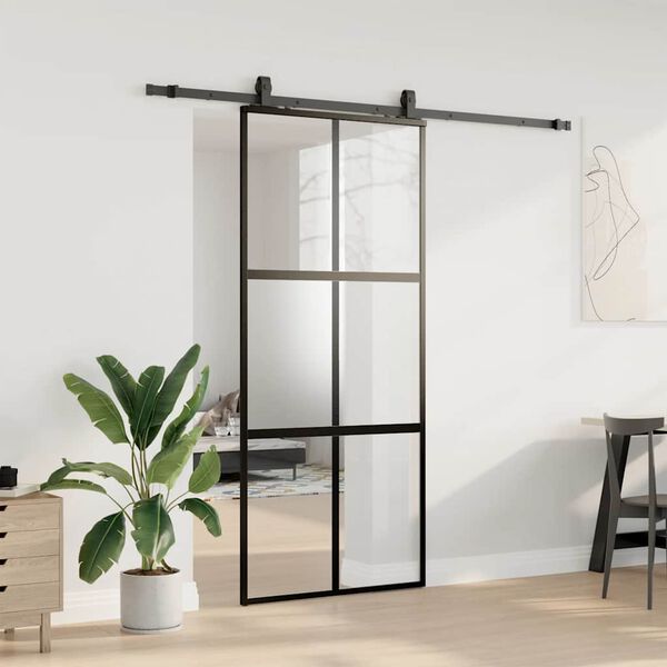 vidaXL Skjutd&ouml;rr med beslagssats svart 90x205 cm h&auml;rdat glas
