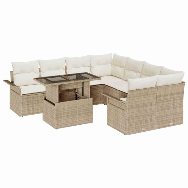 vidaXL Tr&auml;dg&aring;rdsoffset med kudde 9 pcs Beige Poly rattan