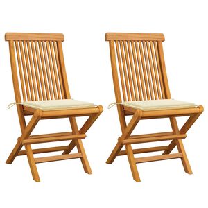 vidaXL Tr&auml;dg&aring;rdsstolar med gr&auml;ddvita dynor 2 st massiv teak