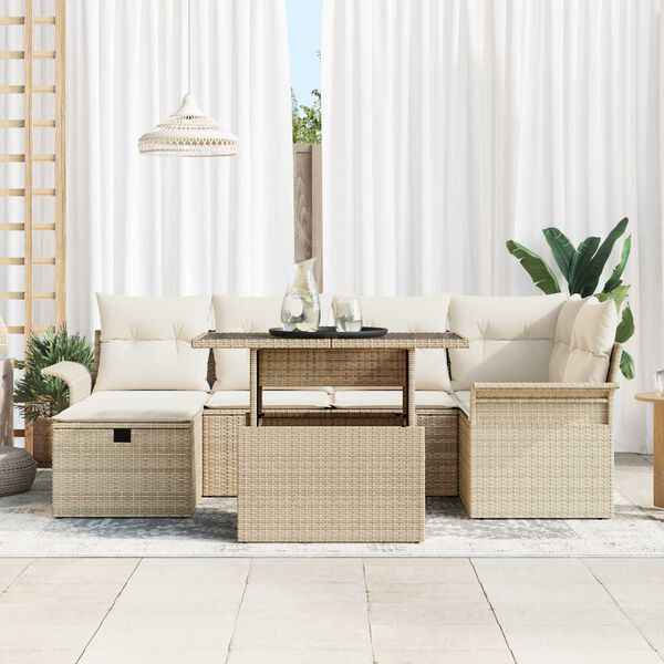 vidaXL Tr&auml;dg&aring;rdsoffset med kudde med lagring 7 pcs Beige Poly rattan