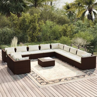 vidaXL Loungegrupp för trädgården m. dynor 12 delar brun konstrotting