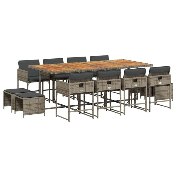 vidaXL Matgrupp f&ouml;r tr&auml;dg&aring;rden med dynor 13 delar gr&aring; konstrotting