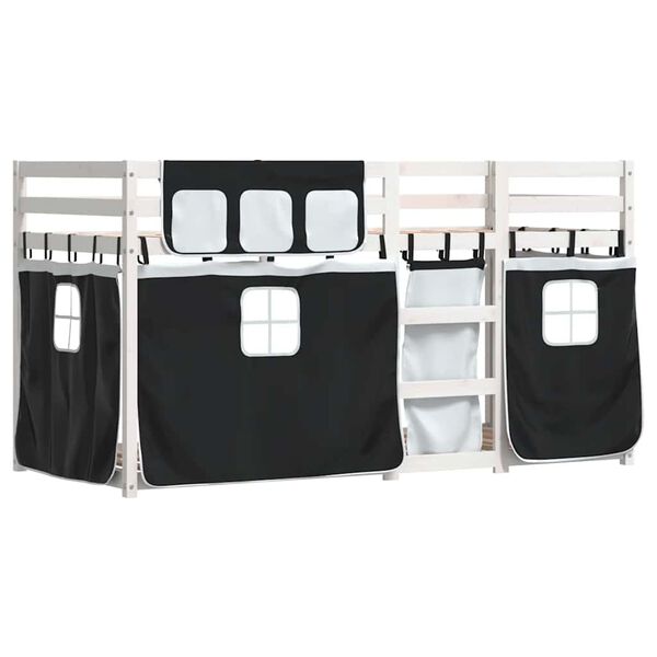 vidaXL Loftsäng med gardiner vit&svart 75x190 cm massiv furu