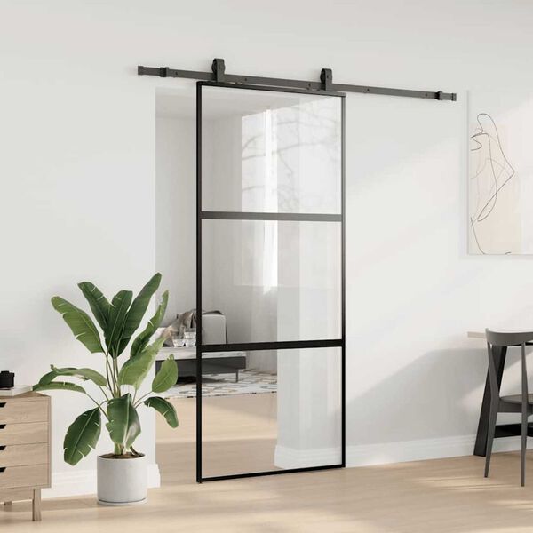 vidaXL Skjutd&ouml;rr med beslagssats svart 90x205 cm h&auml;rdat glas