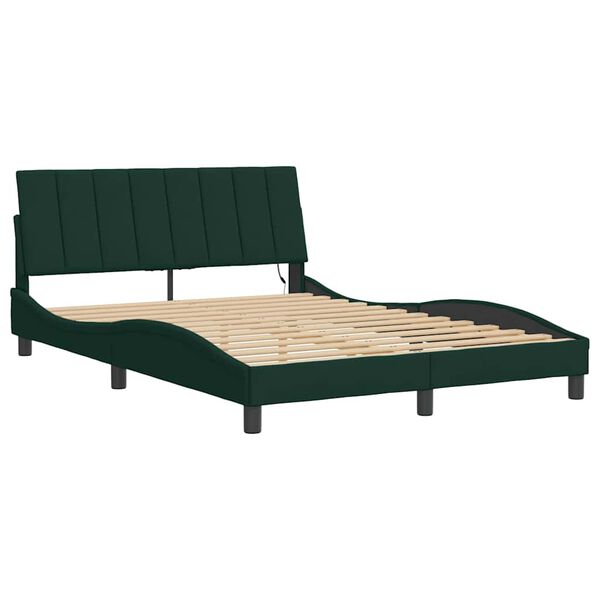vidaXL Bed Frame with LED without Mattress "Hanko" Dark Green 140x190 cm Velvet