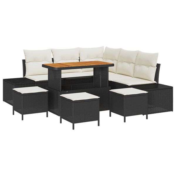 vidaXL Tr&auml;dg&aring;rdsoffset med kudde med lagring 9 pcs Svart Poly rattan