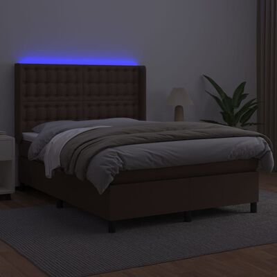 vidaXL Ramsäng med madrass & LED brun 140x200 cm konstläder