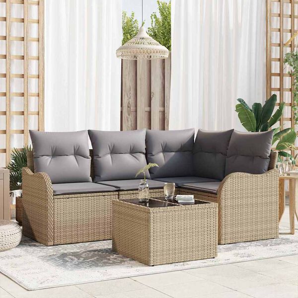 vidaXL Trädgårdsoffset med kudde 5 pcs Beige Poly rattan