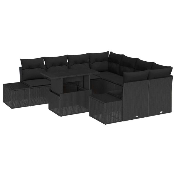 vidaXL Trädgårdsoffset 9 pcs Svart Poly Rattan och Pulverlackerad Stål