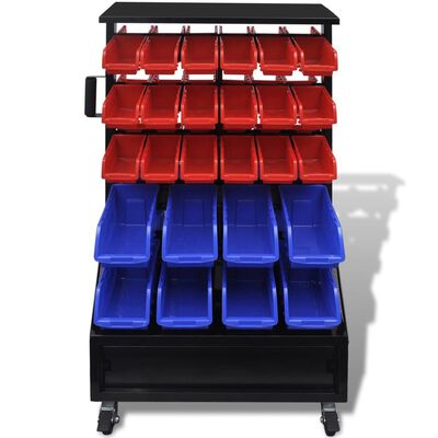 Blå & röd förvaringshylla för garageverktyg med låda & hjul