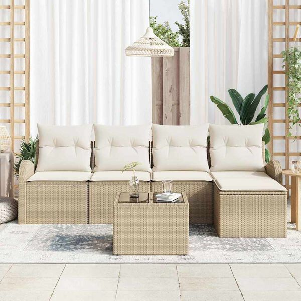 vidaXL Tr&auml;dg&aring;rdsoffset med kudde 6 pcs Beige Poly rattan