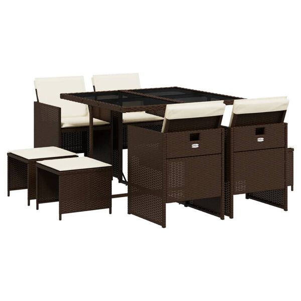 vidaXL Matgrupp f&ouml;r tr&auml;dg&aring;rden med dynor 9 delar konstrotting brun