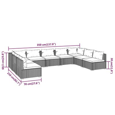 vidaXL Loungegrupp för trädgården med dynor 9 delar konstrotting grå