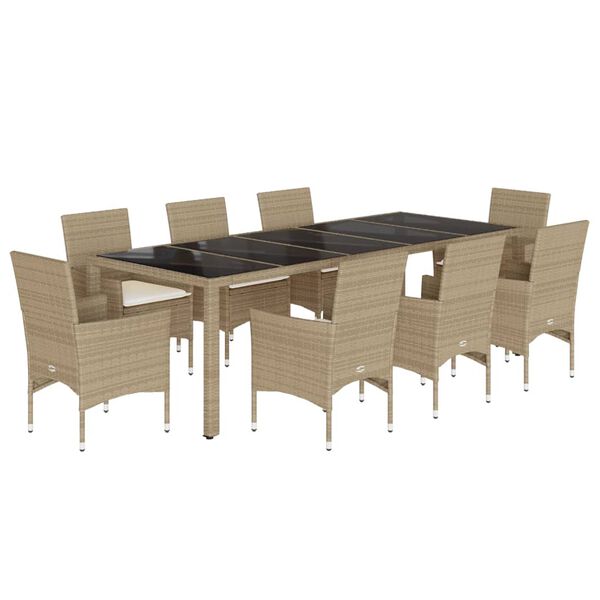 vidaXL Matgrupp f&ouml;r tr&auml;dg&aring;rd med dynor 9 delar beige konstrotting&glas