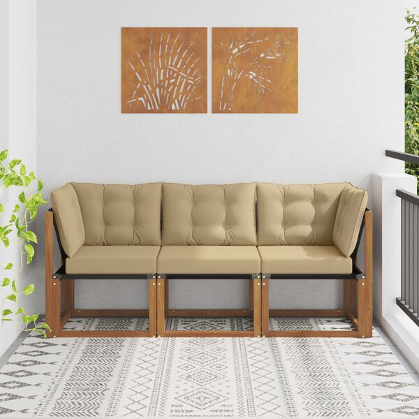 vidaXL Modulsoffa utomhus mitt och h&ouml;rn med kudde 3 Stycke Naturf&auml;rg