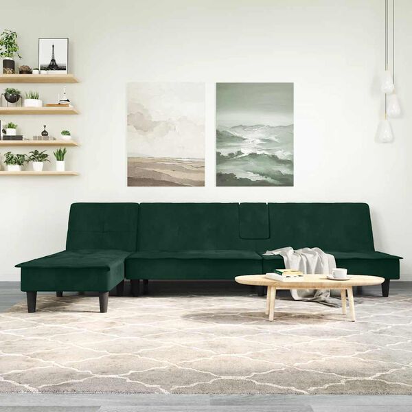 vidaXL L-formad b&auml;ddsoffa m&ouml;rkgr&ouml;n 255x140x70 cm sammet