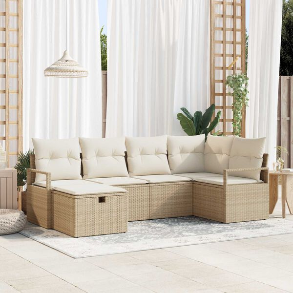 vidaXL Tr&auml;dg&aring;rdsoffset med kudde med lagring 6 pcs Beige Poly rattan