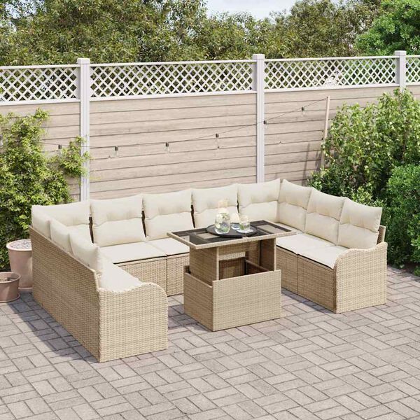 vidaXL Trädgårdsoffset med kudde 10 pcs Beige Poly rattan