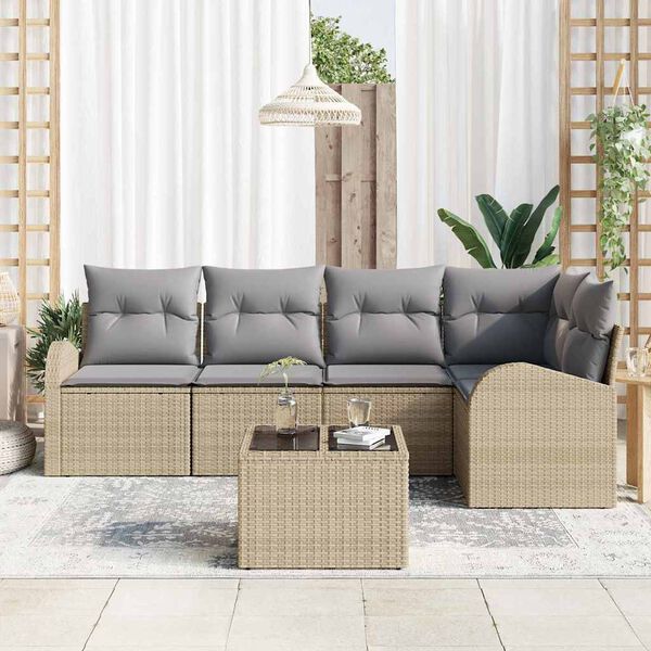 vidaXL Trädgårdsoffset med kudde 6 pcs beige och ljusgrå Poly rattan