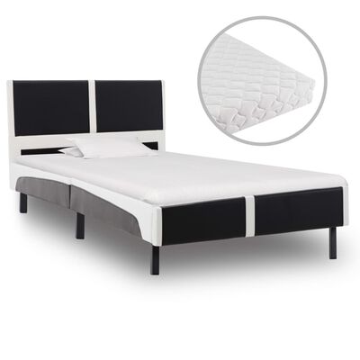vidaXL Säng med madrass svart och vit konstläder 90x200 cm
