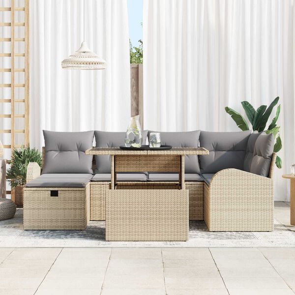 vidaXL Tr&auml;dg&aring;rdsoffset med kudde med lagring 7 pcs Beige Poly rattan