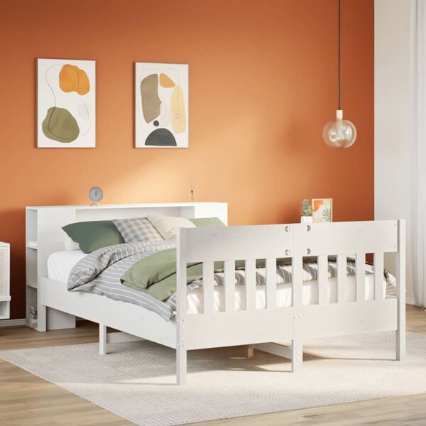 vidaXL S&auml;ng med bokhylla utan madrass vit 160x200cm massiv furu