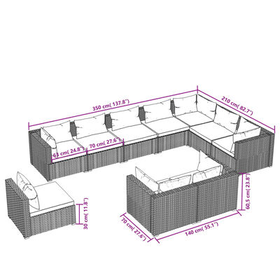 vidaXL Loungegrupp för trädgården med dynor 10 delar konstrotting grå