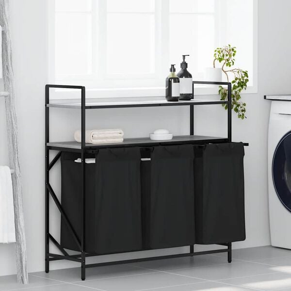 vidaXL Tvättkorg 3 fack med hyllor grå sonoma