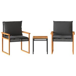 vidaXL Caf&eacute;set 3 delar med dynor konstrotting akaciatr&auml; svart