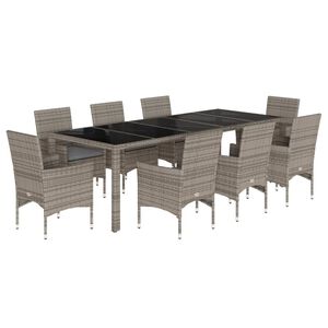 vidaXL Matgrupp f&ouml;r tr&auml;dg&aring;rden med dynor 9 delar gr&aring; konstrotting&glas