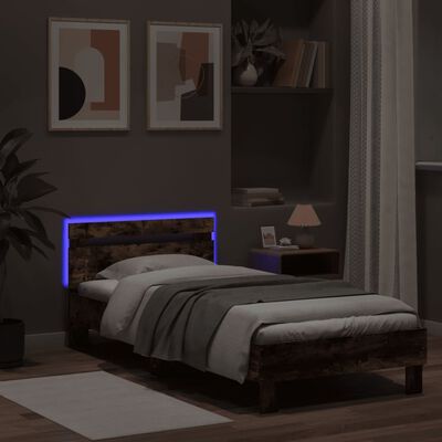 vidaXL Sängram med huvudgavel och LEDs rökfärgad ek 75x190 cm