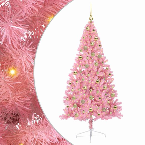 vidaXL Konstgjord F&ouml;rbelyst Julgran med 300 LED-lampor Rosa 180 cm PVC