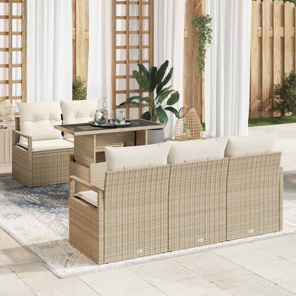vidaXL Tr&auml;dg&aring;rdsoffset med kudde med lagring 6 pcs Beige Poly rattan