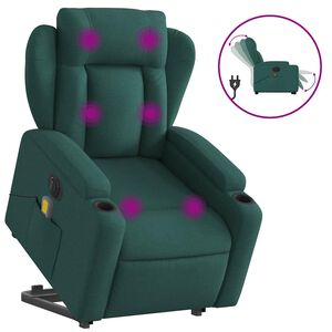 vidaXL Elektrisk massagef&aring;t&ouml;lj med uppresningshj&auml;lp m&ouml;rkgr&ouml;n tyg