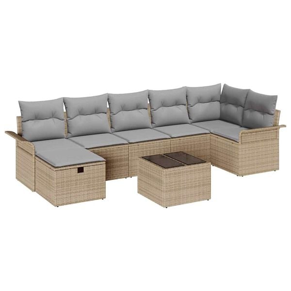 vidaXL Tr&auml;dg&aring;rdsoffset med kudde med lagring 8 pcs Beige Poly rattan