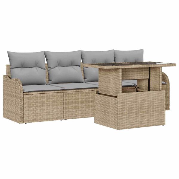 vidaXL Tr&auml;dg&aring;rdsoffset med kudde med kudde 5 pcs Beige Poly Rattan