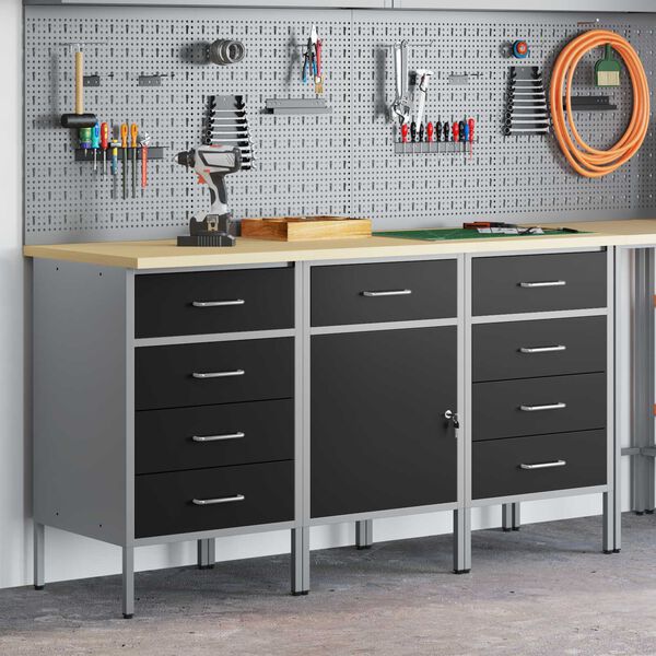 vidaXL Arbetskabinett med l&aring;da 3 pcs Svart och Gr&aring; 150 x 55 x 85 cm
